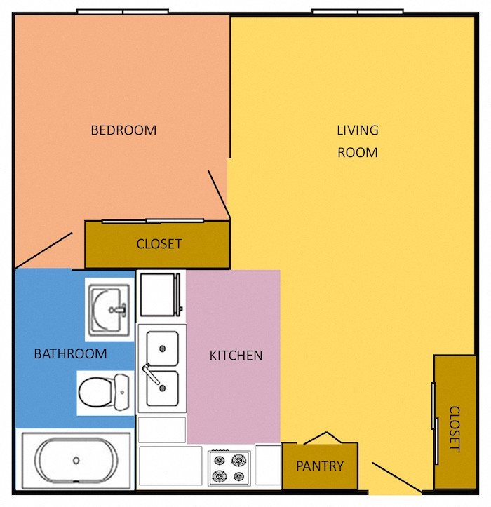 1x1-PCLC 1 bedroom 1 bathroom floor plan with kitchen, pantry, living room, and closets